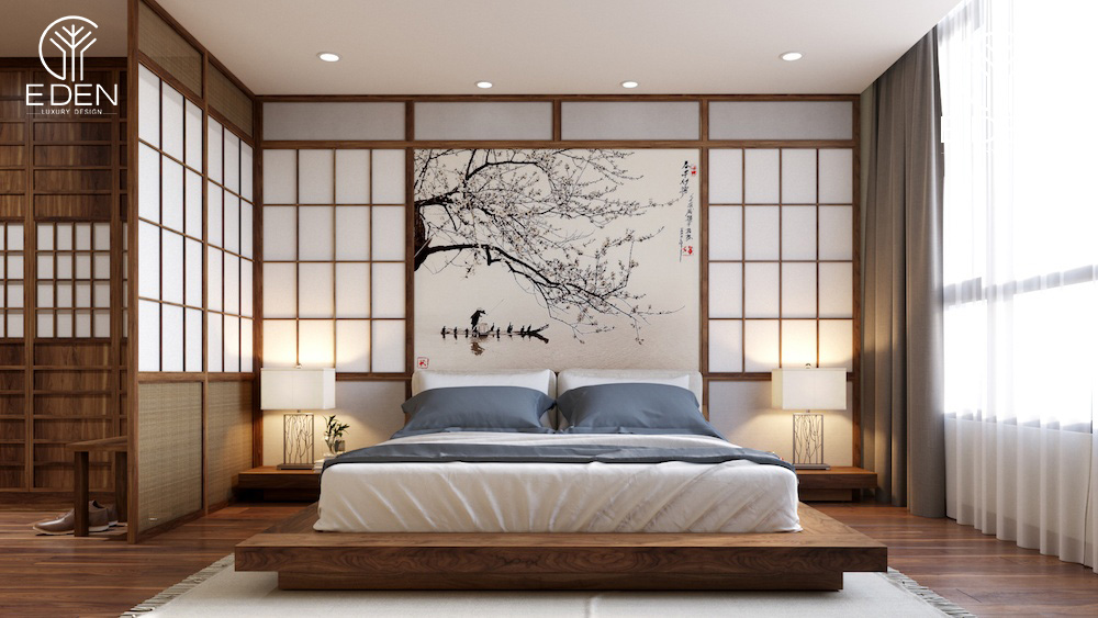 Trang trí đầu giường bằng các bức tường Shoji kết hợp với tranh hoa anh đào