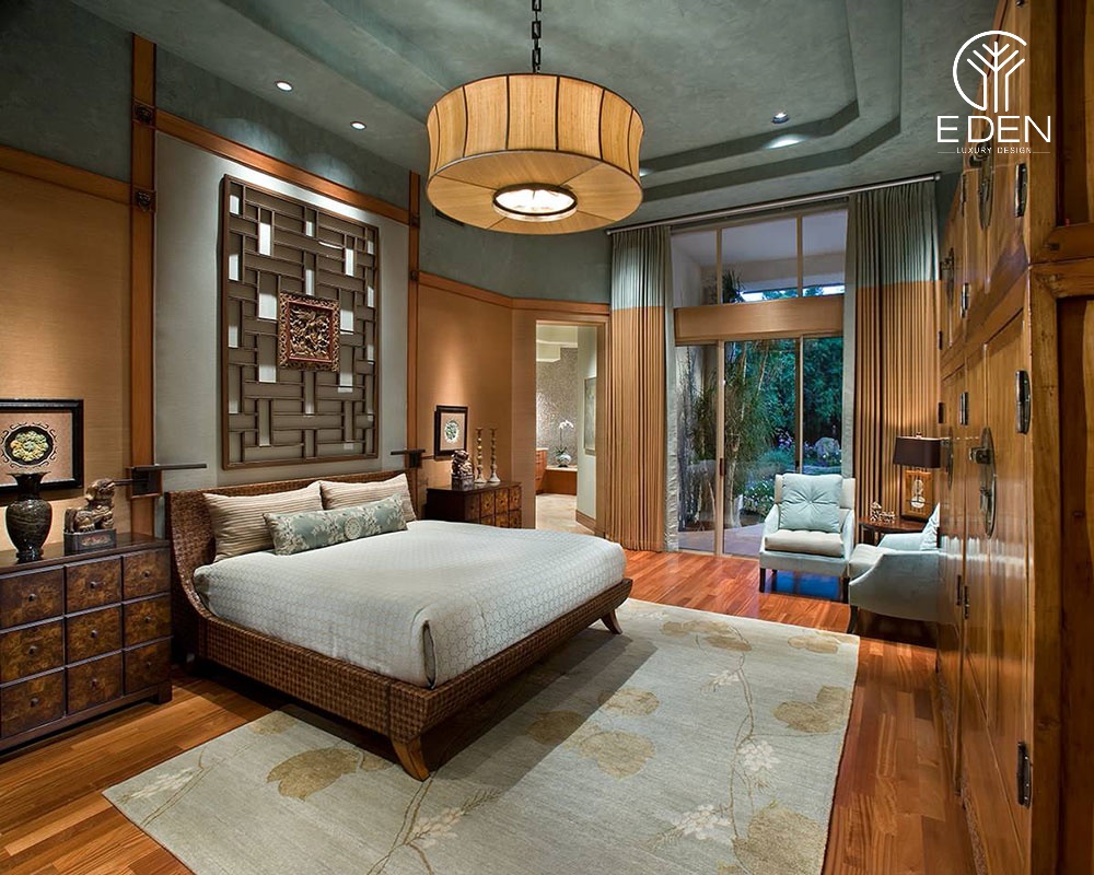 Phòng ngủ nội thất bằng gỗ màu nâu trầm ấm phong cách Nhật Bản