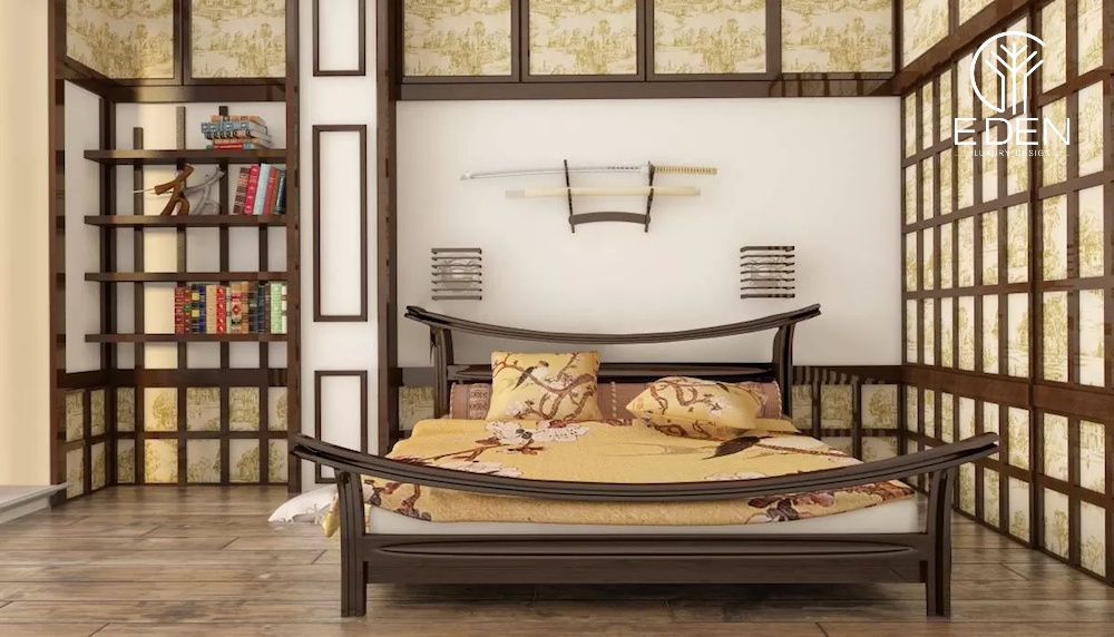 Thiết kế nội thất bằng gỗ với họa tiết tường độc đáo cho căn phòng ngủ màu kem kiểu Nhật