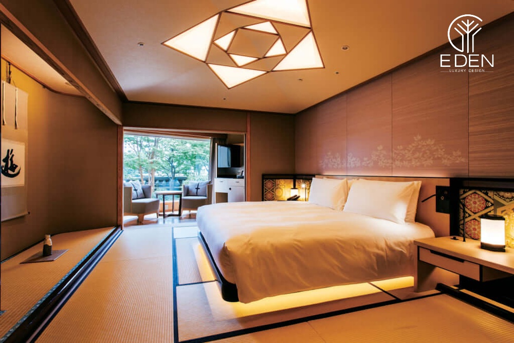 Giường ngủ kiểu Nhật bổ trí ở trung tâm phòng ngủ
