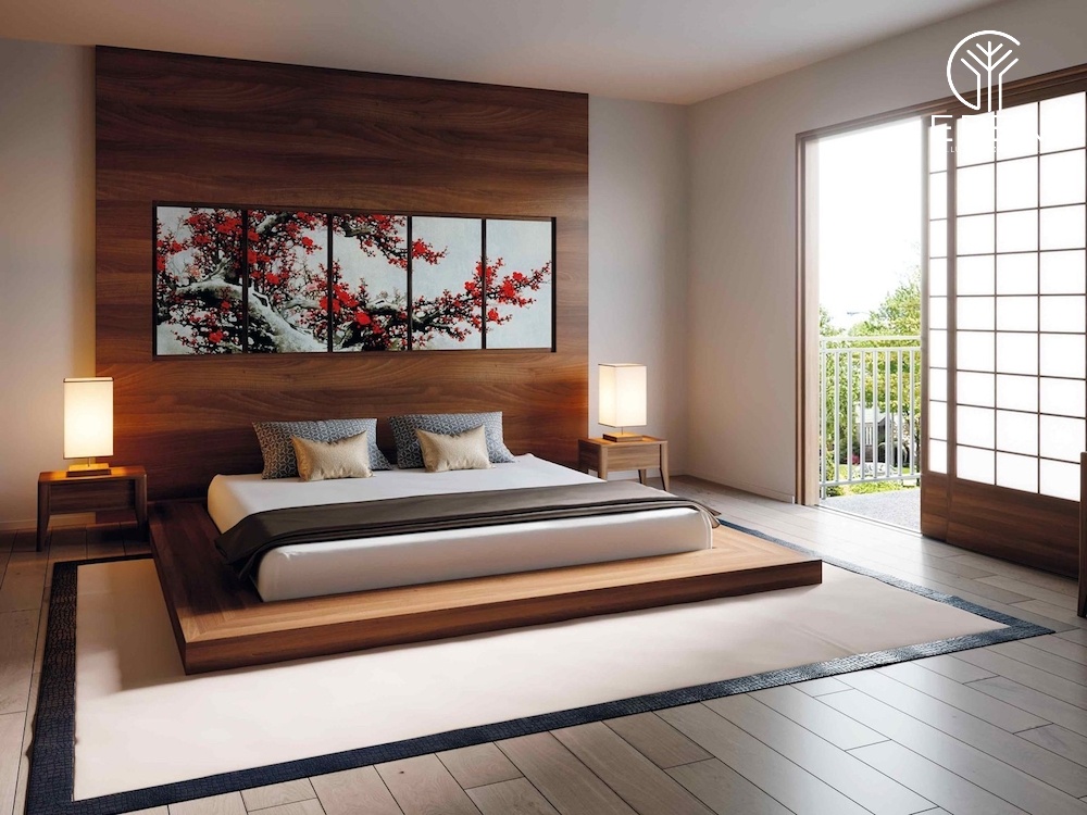 Phòng ngủ Nhật Bản tối giản với điểm nhấn là bức tranh hoa anh đào