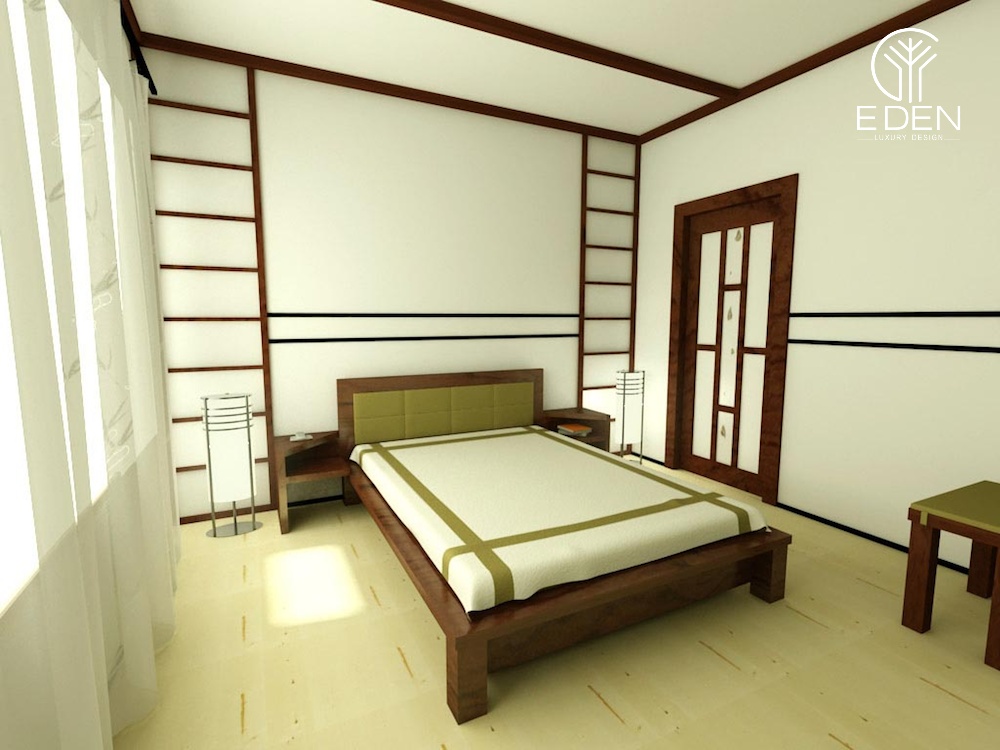 Nội thất có tone màu đối lập với tổng thể phòng ngủ màu trắng