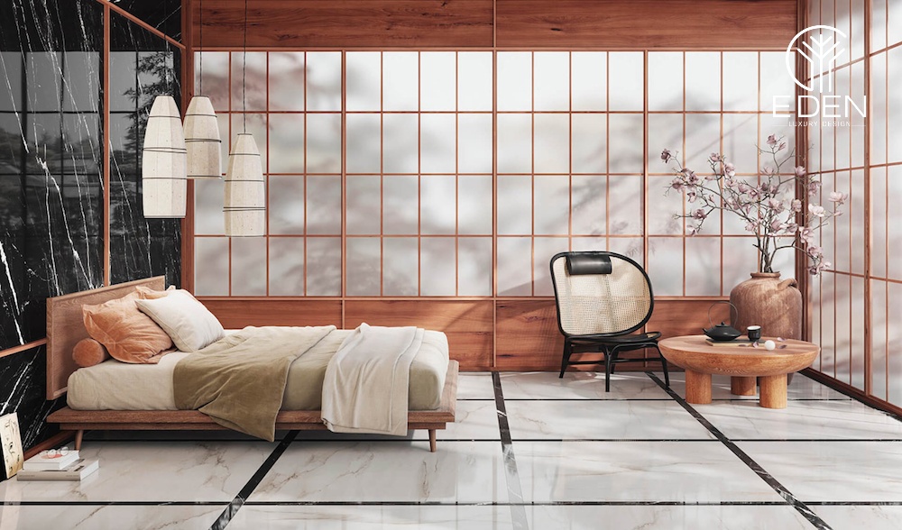 Bức tường Shoji với tone màu gỗ nhẹ nhàng