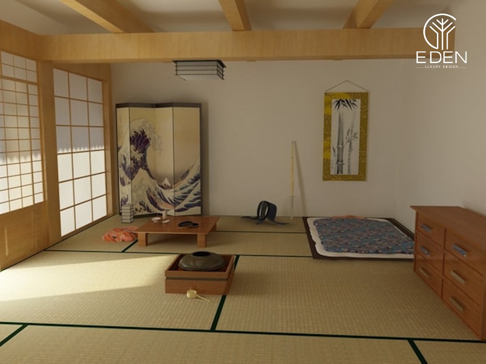 Phòng ngủ theo phong cách Nhật Bản với nội thất giường ngủ trệt kiểu xưa