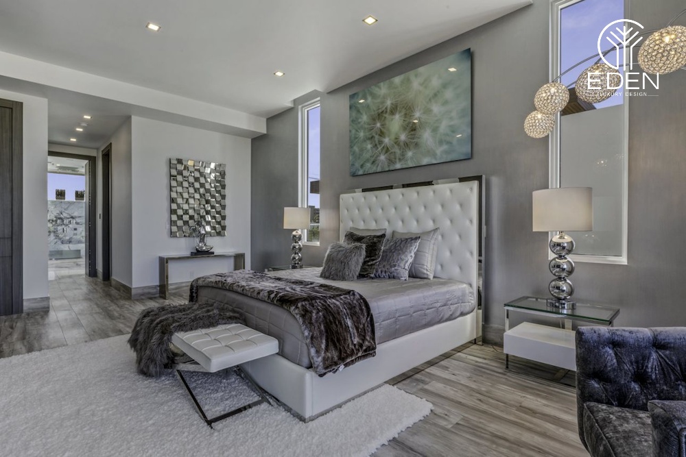 Tone xám - trắng là sự kết hợp không thể bỏ qua khi thiết kế phòng ngủ Luxury