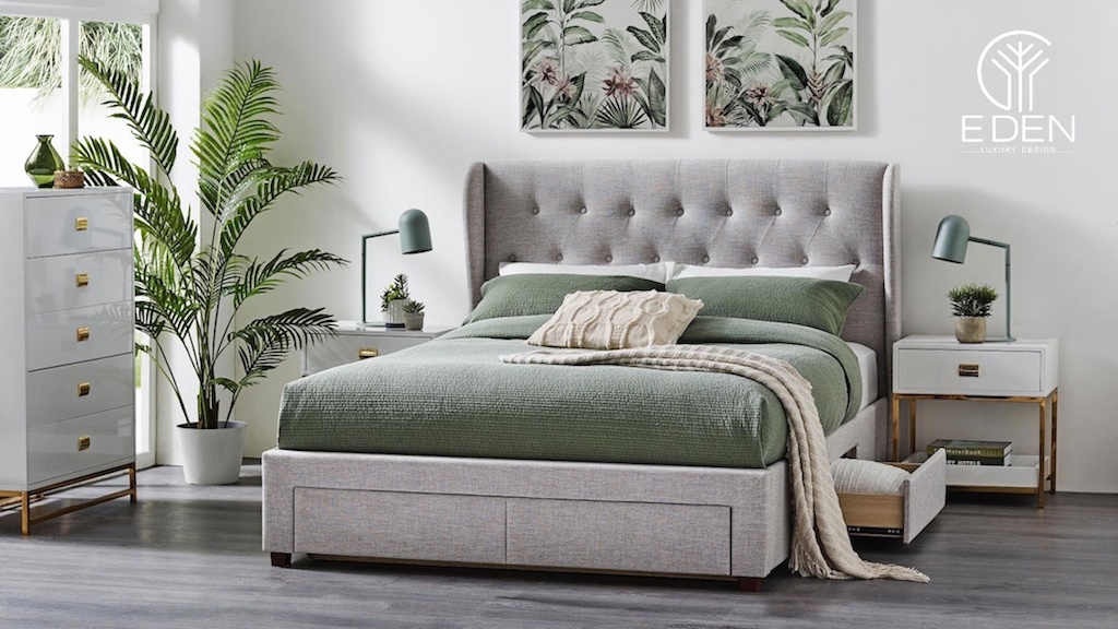 Tông màu xanh thoáng mát với giường ngủ có ngăn kéo tiện lợi cho phòng ngủ master