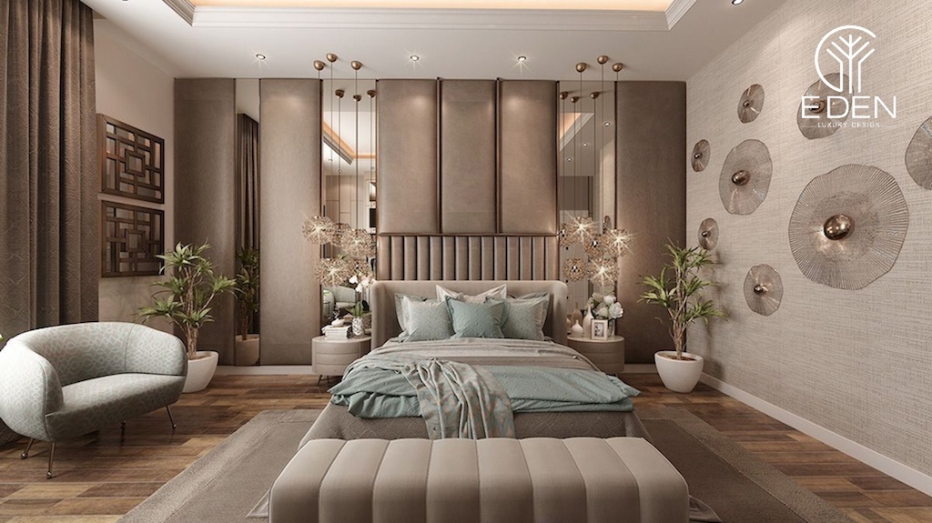 Phòng ngủ master với tông màu nâu tôn lên vẻ đẹp sang trọng của nội thất