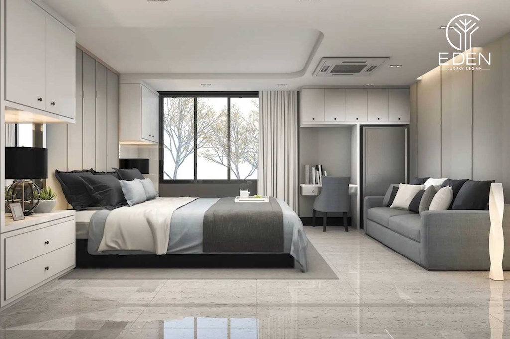 Phòng ngủ master sử dụng tông màu trung tính đơn giản