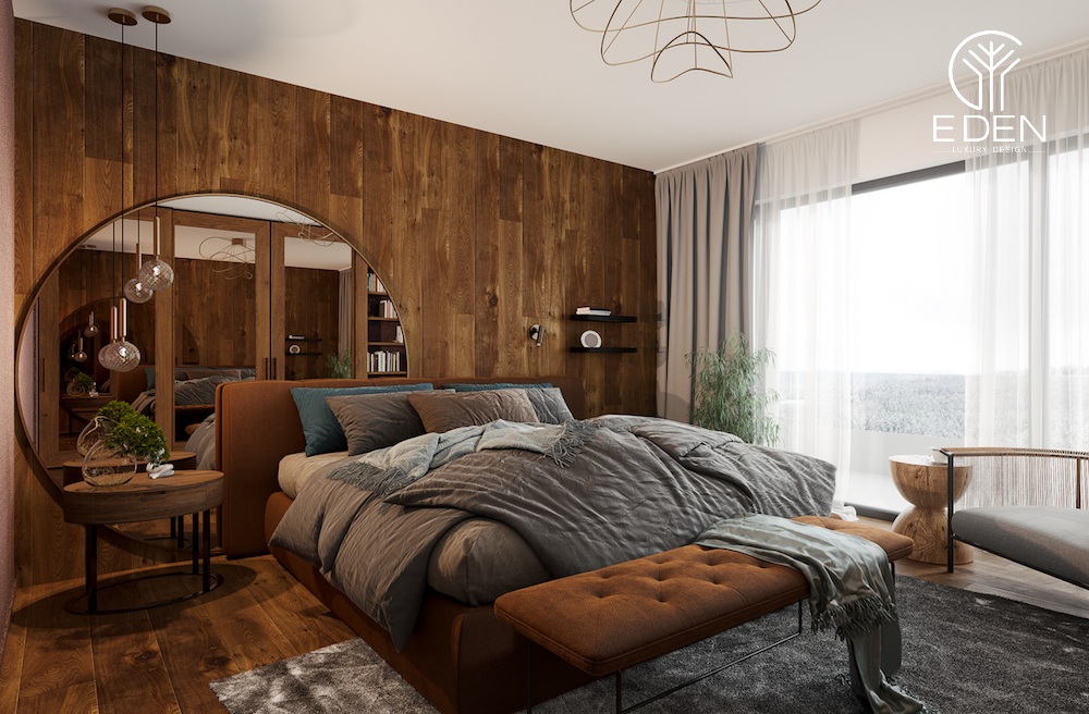 Phòng ngủ màu gỗ pha thêm đôi chút tone màu trắng và xám hiện đại