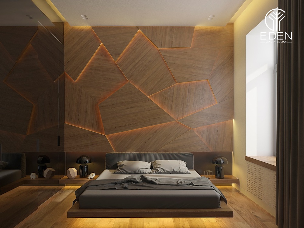 Phòng ngủ màu nâu với cách thiết kế tường hiện đại