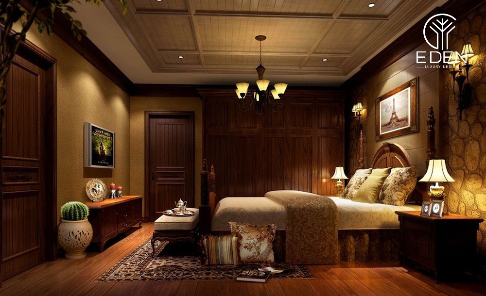 Phòng ngủ màu gỗ nổi bật lên không gian đầm ấm cho căn phòng