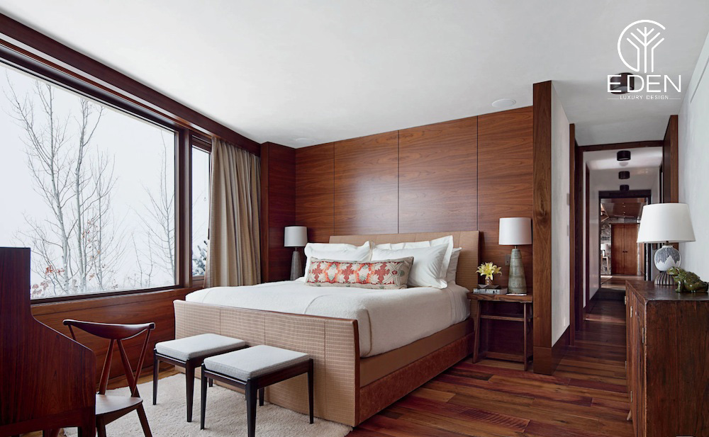 Nội thất gỗ mang lại sự mộc áp và ấm cúng cho căn phòng ngủ