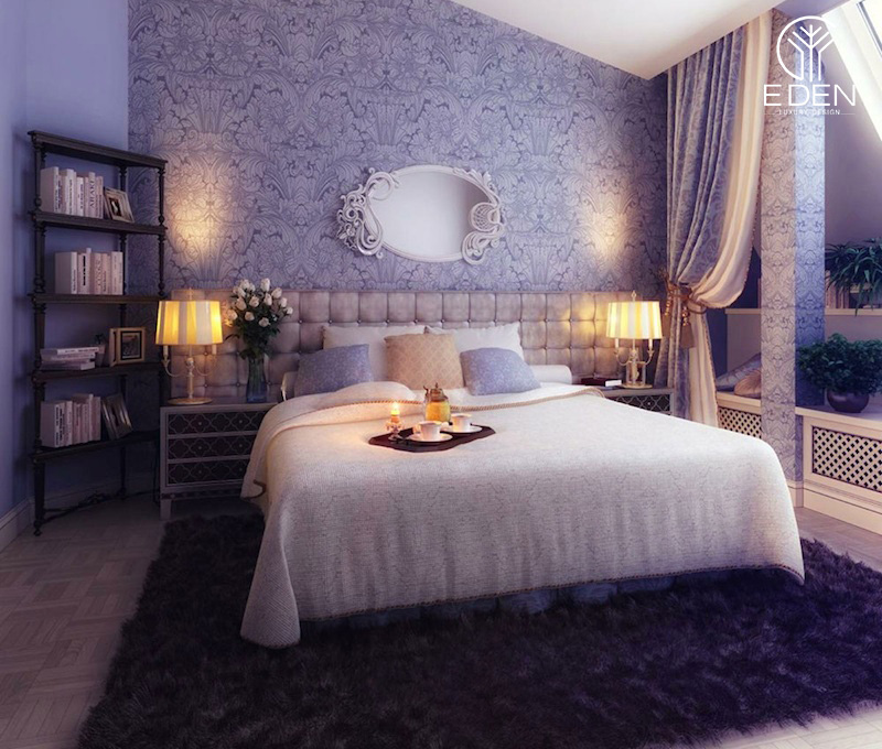 Thảm trải sàn sắc màu nổi bật trong phòng ngủ màu tím khoai môn