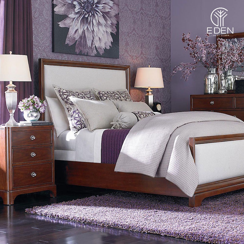 Mẫu 9: Một không gian phòng ngủ ấm áp với tông màu tím pastel hiện đại kết hợp với nội thất làm bằng làm nổi bật lên sự huyền bí và sang trọng