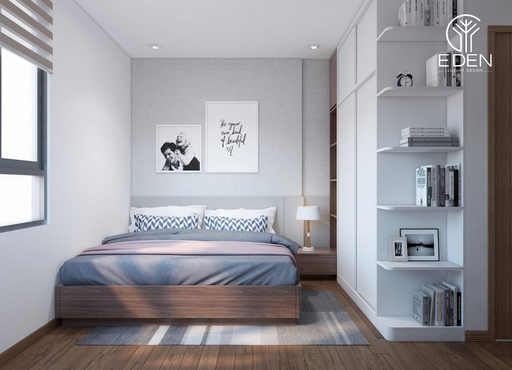 Nội thất phòng ngủ nhà ống đơn giản với tone màu nâu trắng tương phản