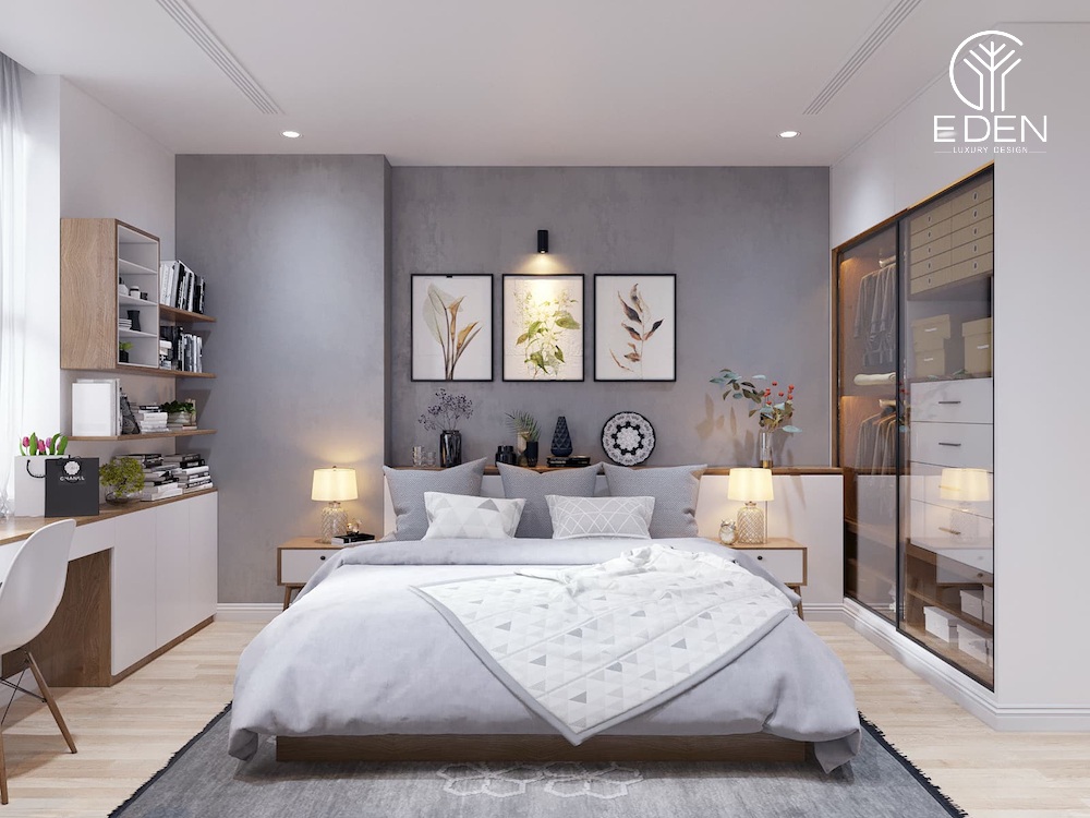 Phòng ngủ với nội thất đầy đủ, tone màu trầm đơn giản