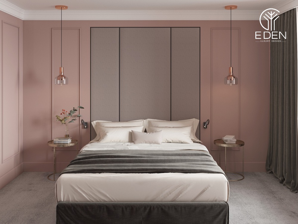 Sự kết hợp hài hòa giữa màu hồng, trắng và xám cho phòng ngủ nhà ống đẹp