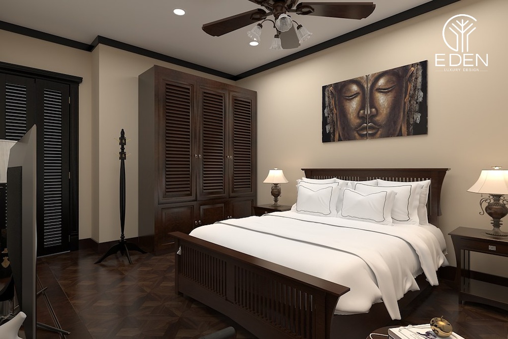 Phòng ngủ phong cách Indochine thường có chất liệu chính là gỗ tự nhiên