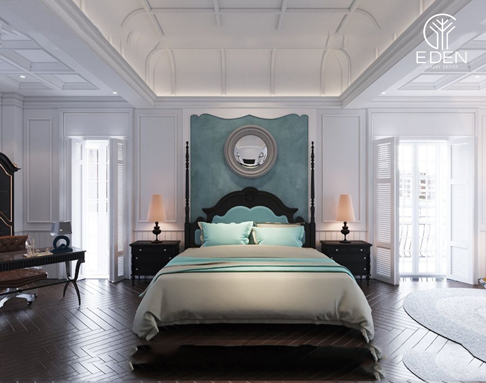 Phòng ngủ Indochine với tông màu xanh trắng cho người mệnh Thủy