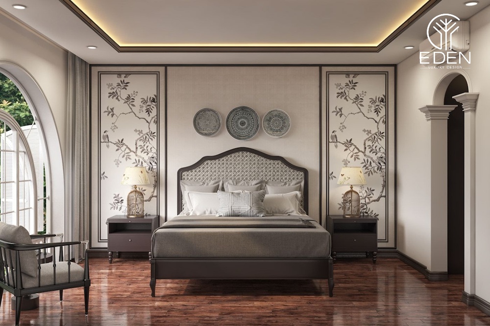 Phòng ngủ Indochine với tông màu tối giản điểm nhấn thêm hoa văn tường độc đáo
