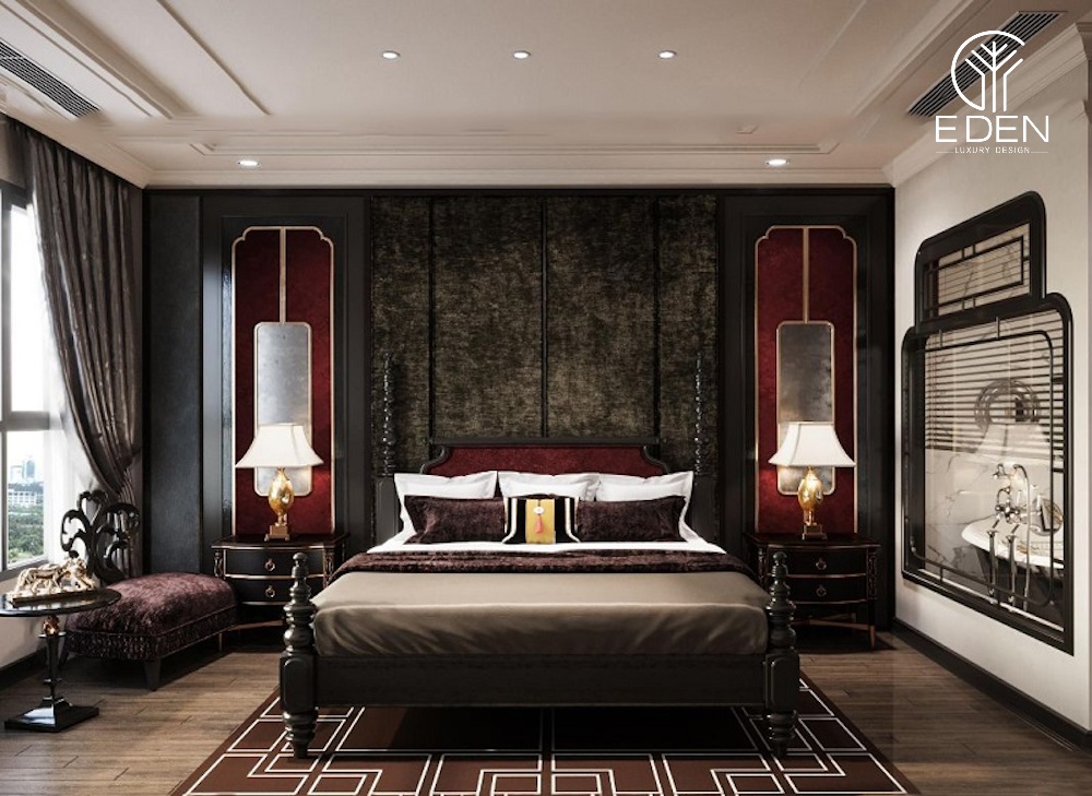 Phòng ngủ Indochine với tông màu đỏ trầm phù hợp với người mệnh Hỏa