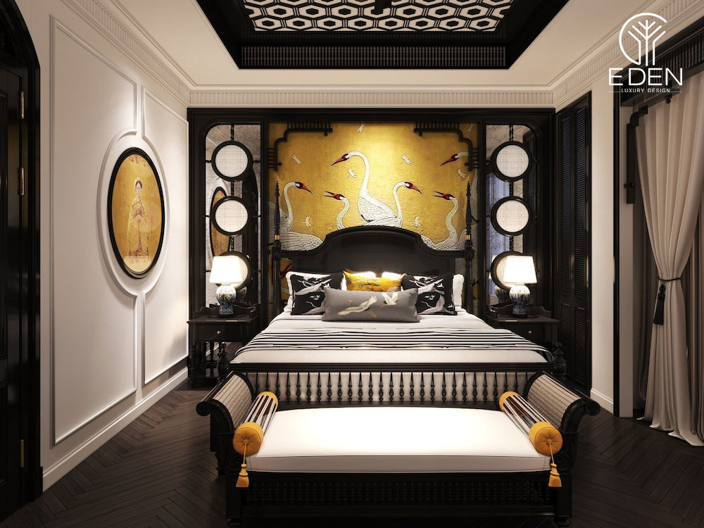 Phòng ngủ Indochine với họa tiết hoa văn đậm chất nghệ thuật cổ xưa
