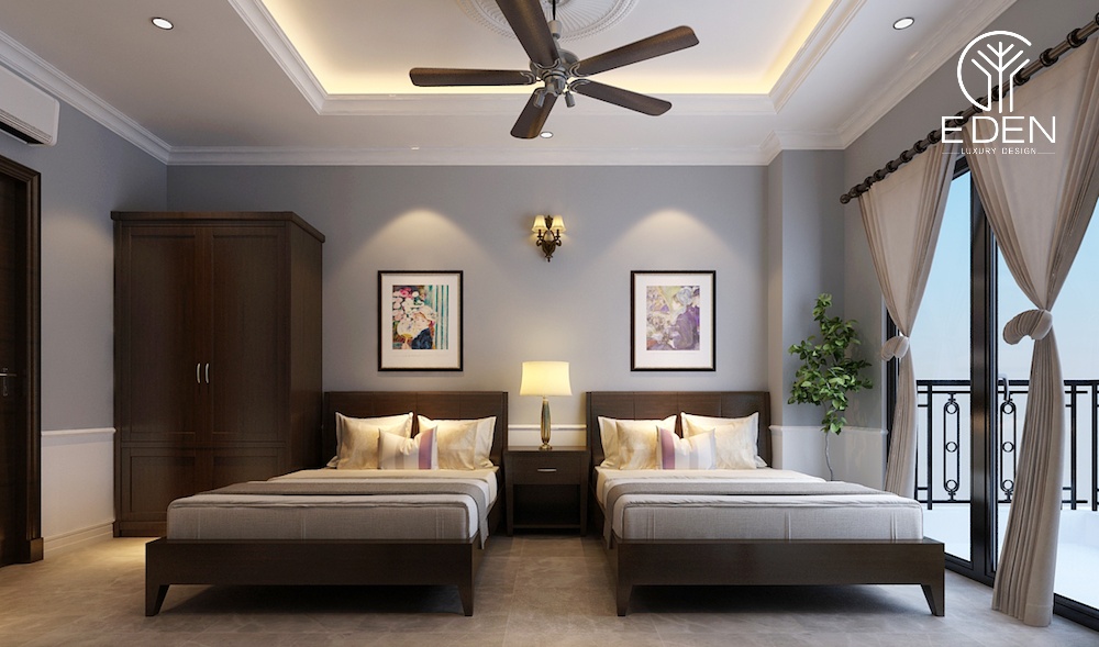 Phòng ngủ hai giường đôi với phong cách Indochine đơn giản