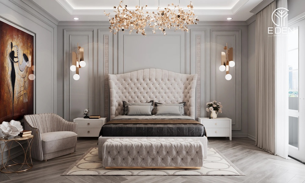 Tính cân xứng giữa các nội thất tạo nên vẻ đẹp đặc trưng cho không gian phòng ngủ tân cổ điển 