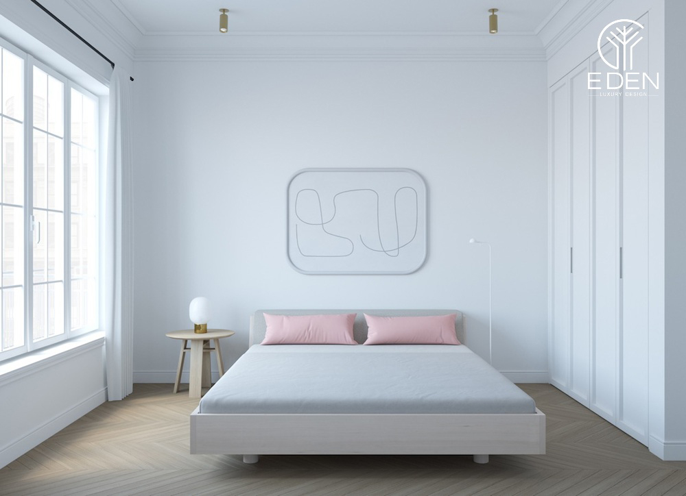 Phòng ngủ phong cách Minimalism với màu xanh pastel pha trắng dịu nhẹ