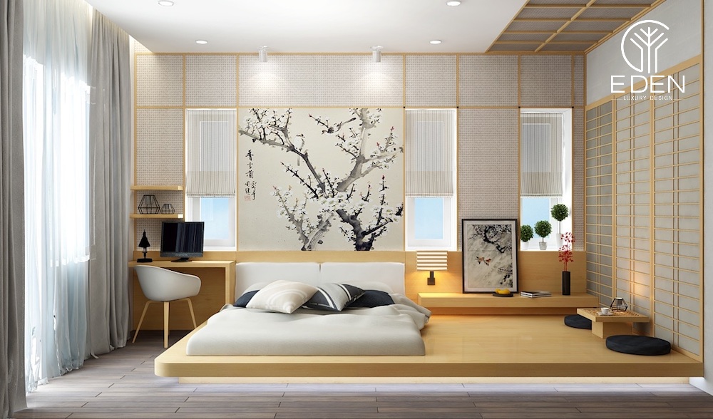 Giường ngủ đặt giữa với cách trang trí nội thất đậm chất Nhật Bản