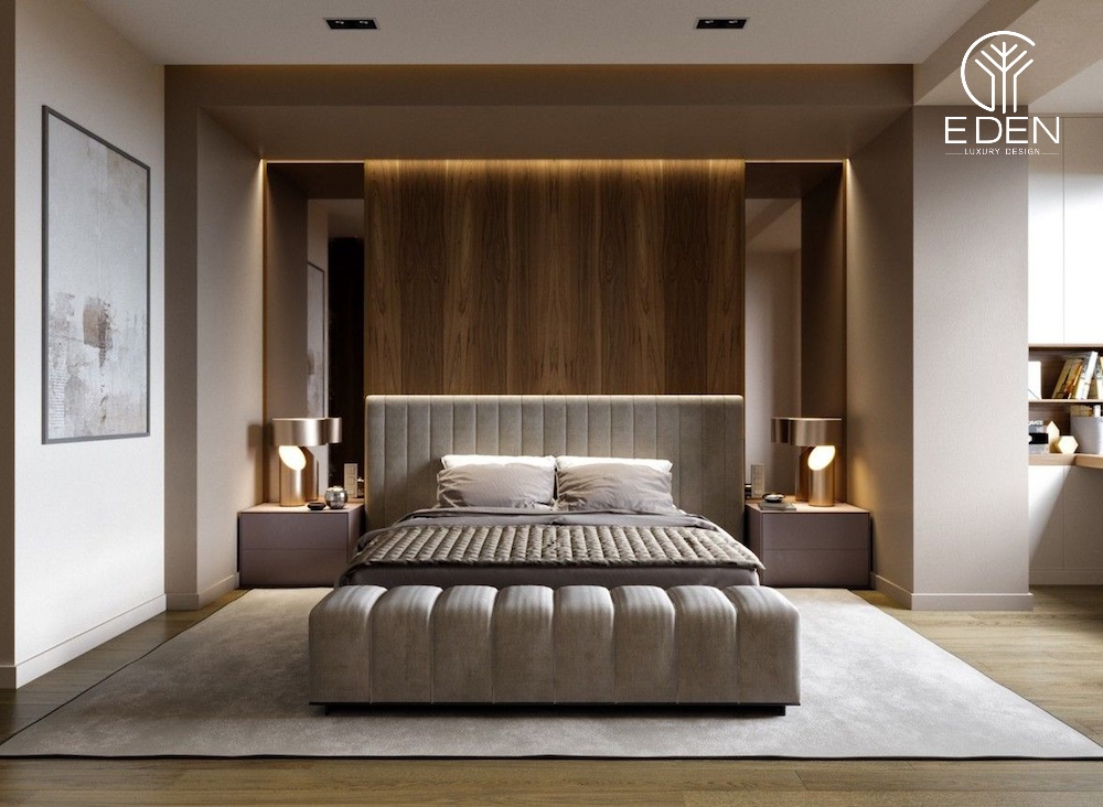 Phòng ngủ với tone màu trầm ấm áp phù hợp cho các cặp đôi
