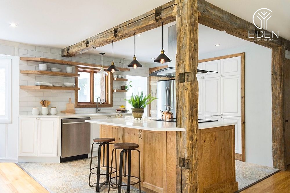 Mẫu phòng bếp kết hợp phòng ăn từ gỗ tự nhiên