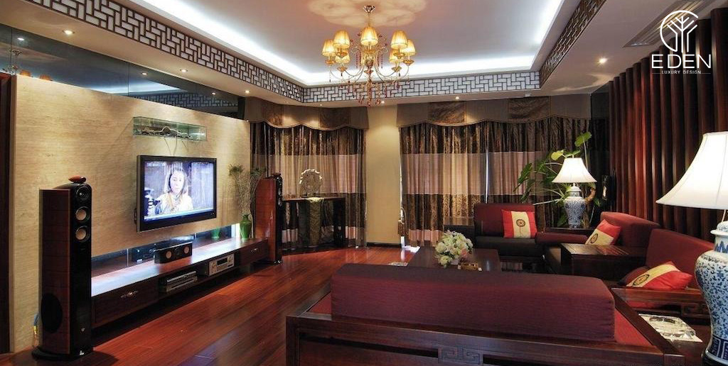 Phòng khách theo kiểu Trung Quốc nổi bật với bộ ghế sofa màu đỏ bắt mắt