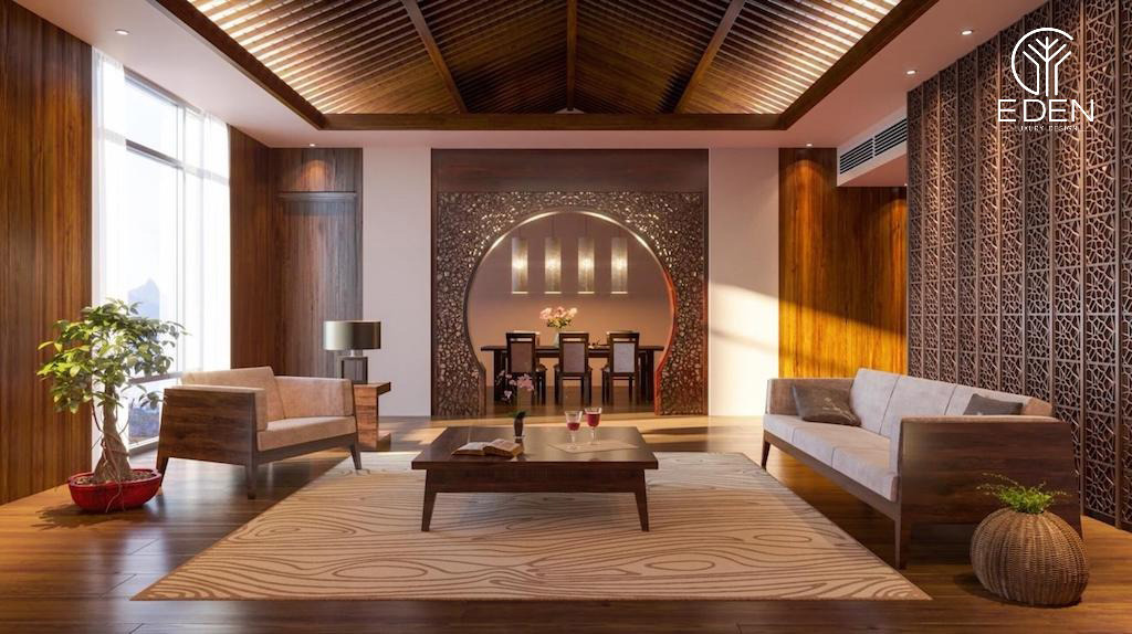 Thiết kế vách ngăn cổ điển cùng tông màu ấm áp khiến phòng khách gần gũi và tràn đầy sức sống