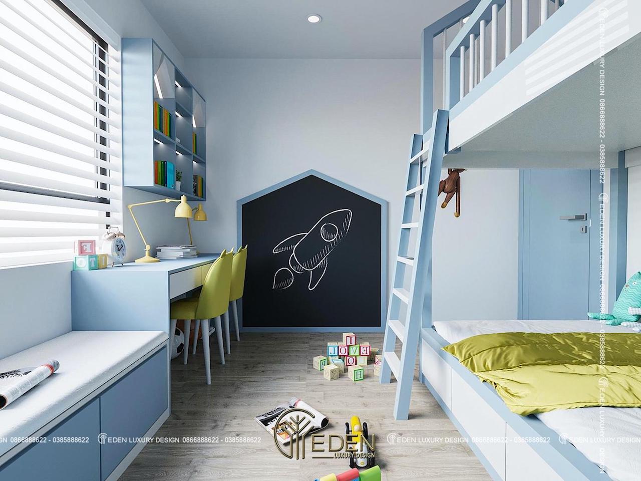 Phòng ngủ trẻ em sinh động với 2 màu xanh, vàng dịu nhẹ có thiết kế đèn âm tường tiện lợi