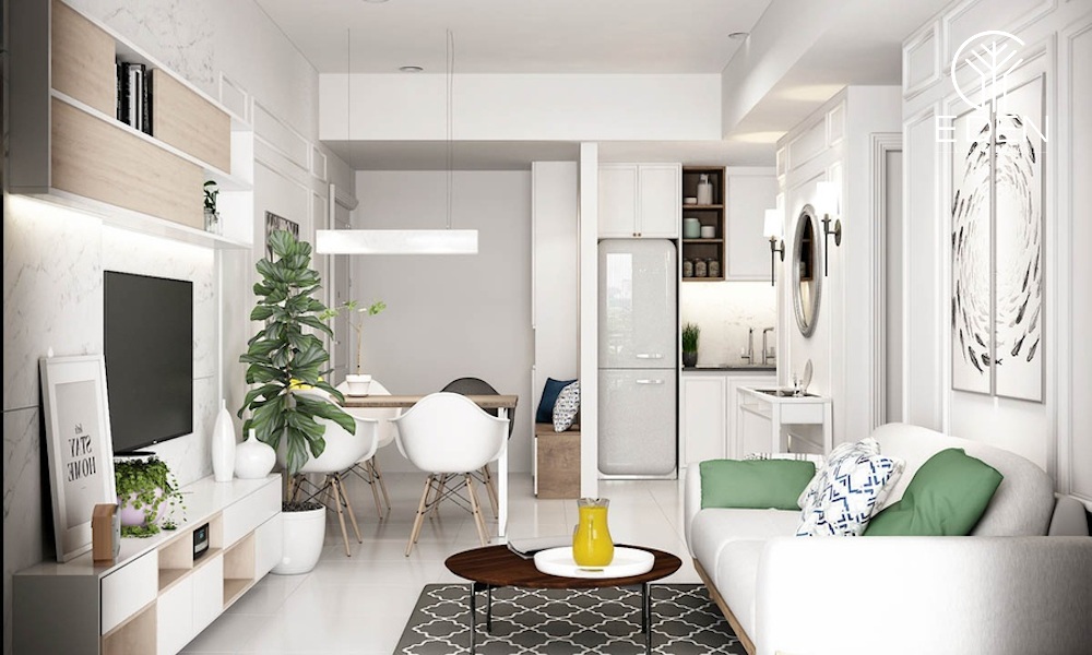 Mẫu thiết kế phòng khách chung cư nhỏ tích hợp nhiều không gian với nhau