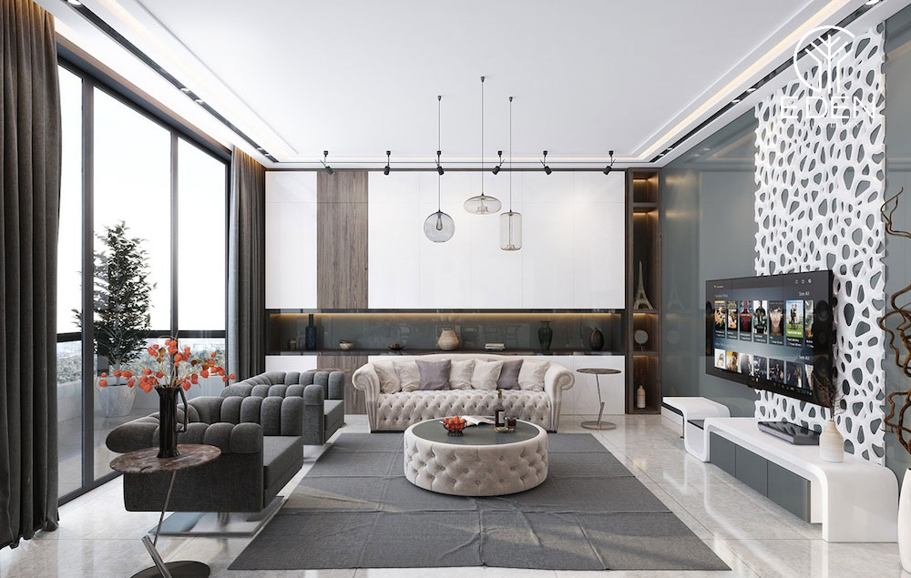Nội thất và vật dụng trang trí sắp xếp hợp lý giúp phòng khách chung cư 65m2 rộng rãi hơn