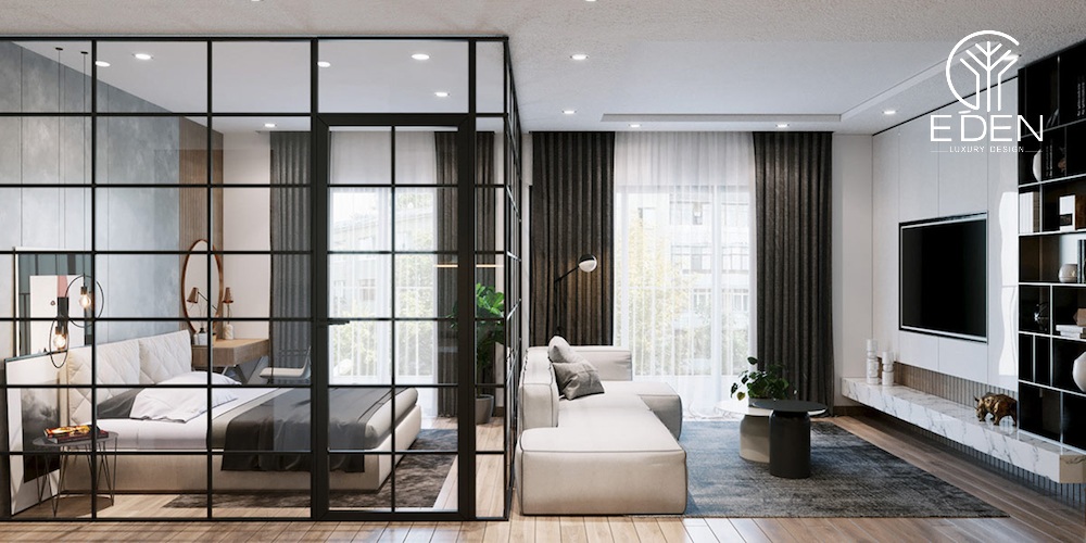 Ngăn cách phòng khách với khu vực phòng ngủ bằng kính hiện đại cho các chung cư có diện tích nhỏ
