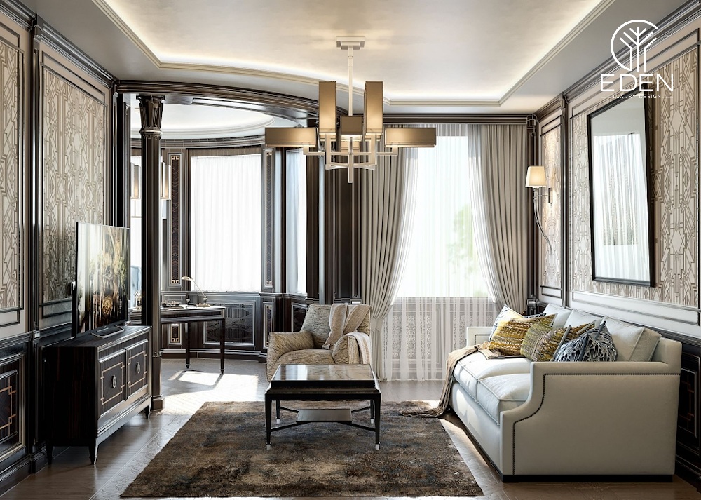 Nội thất gỗ tối màu được kết hợp tạo nên không gian phòng khách tân cổ điển sang trọng
