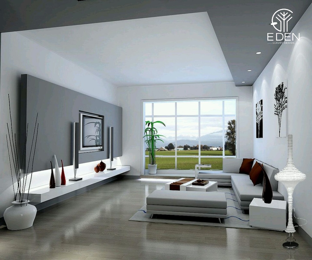 Phòng khách hiện đại kết hợp giữa tông xám và trắng đẹp mắt