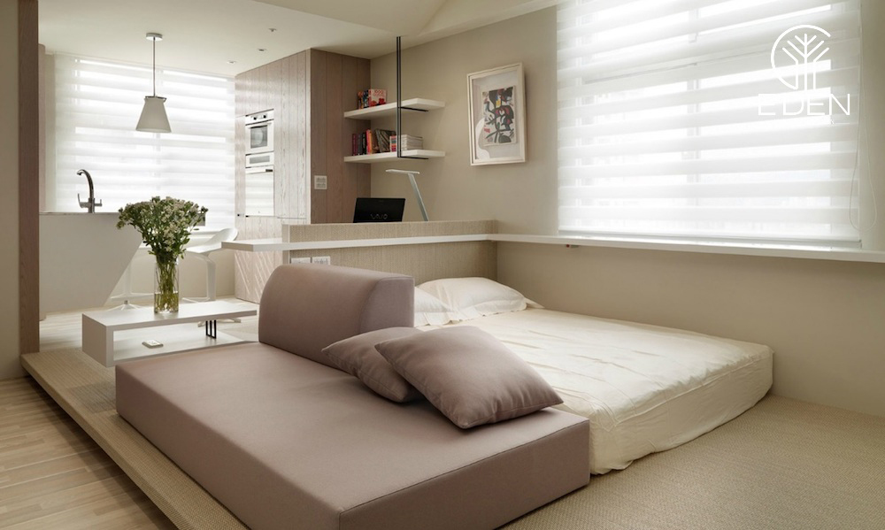 Phòng ngủ sử dụng nệm ngủ tiện lợi với tông màu đơn giản