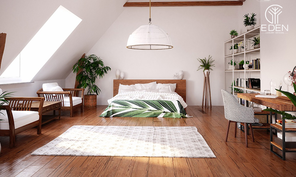 Không gian tươi mát của phòng ngủ không giường với nhiều cây xanh trang trí