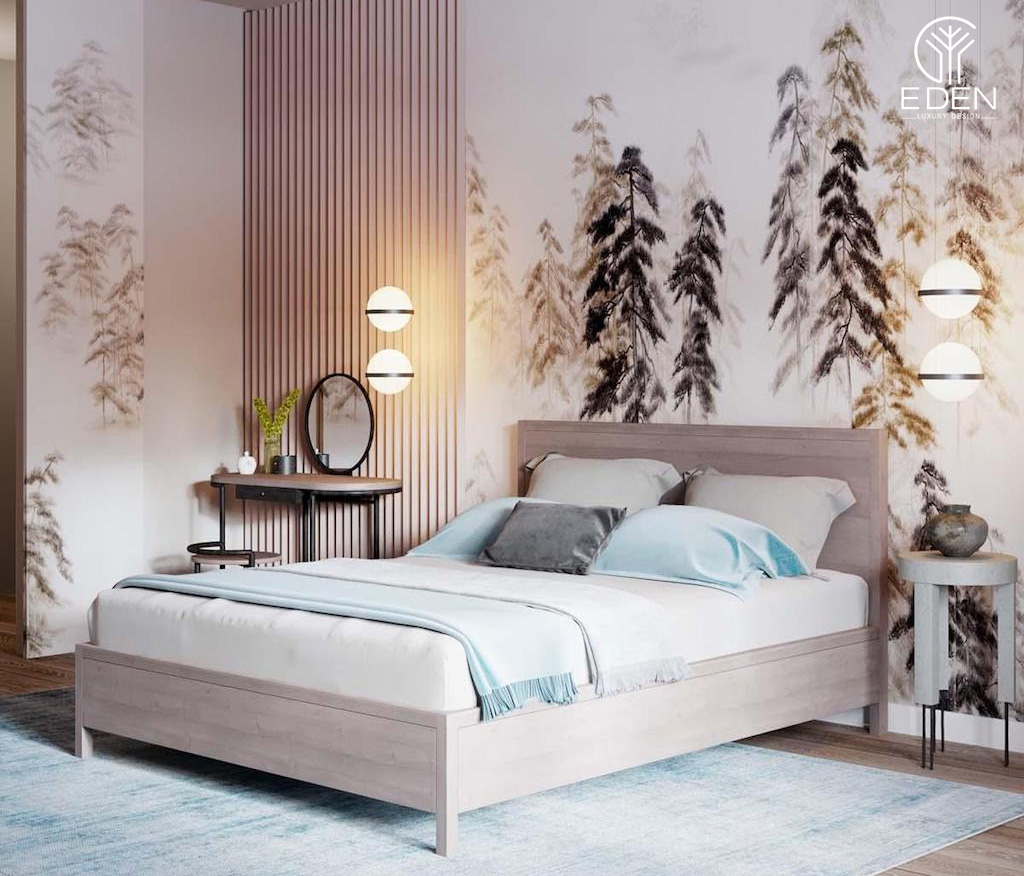 Căn phòng sẽ thêm phần tươi mát hơn nhờ màu xanh nhạt của thảm và bức họa cây cối trên tường