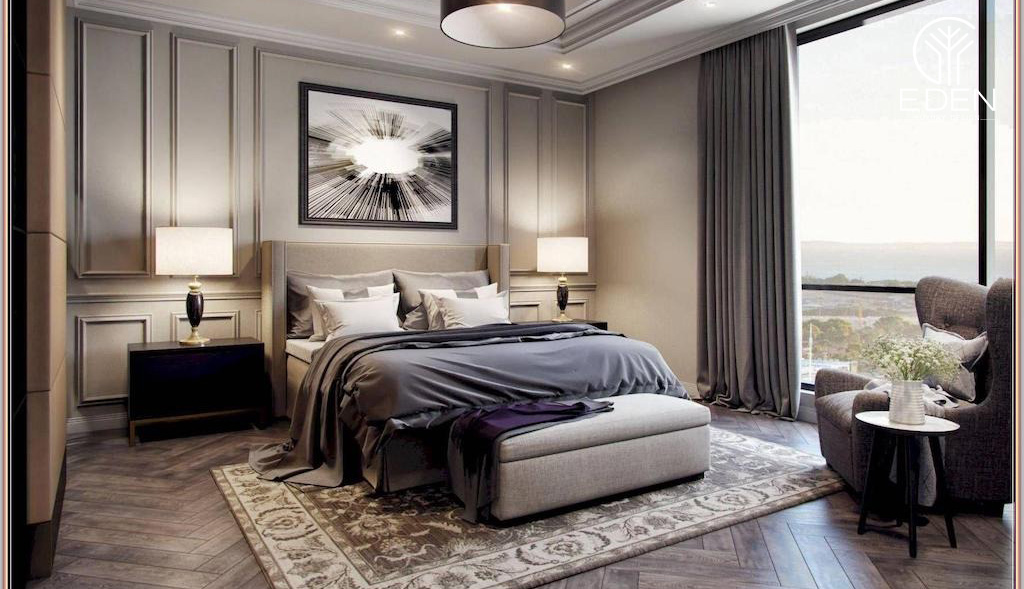 Màu vân gỗ tự nhiên mang đến không gian thư giãn, dễ chịu cho phòng ngủ vợ chồng