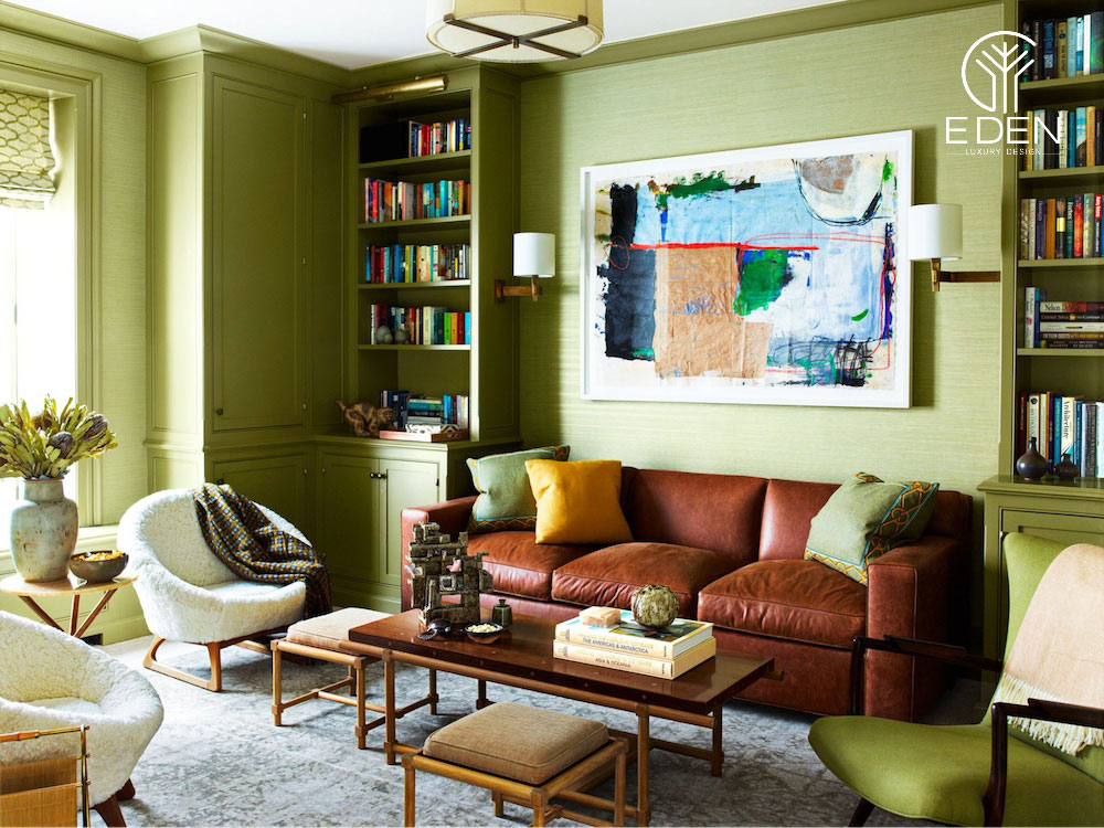 Kết hợp xanh lá cùng sofa nâu da bò tạo nên một sự kết hợp độc đáo