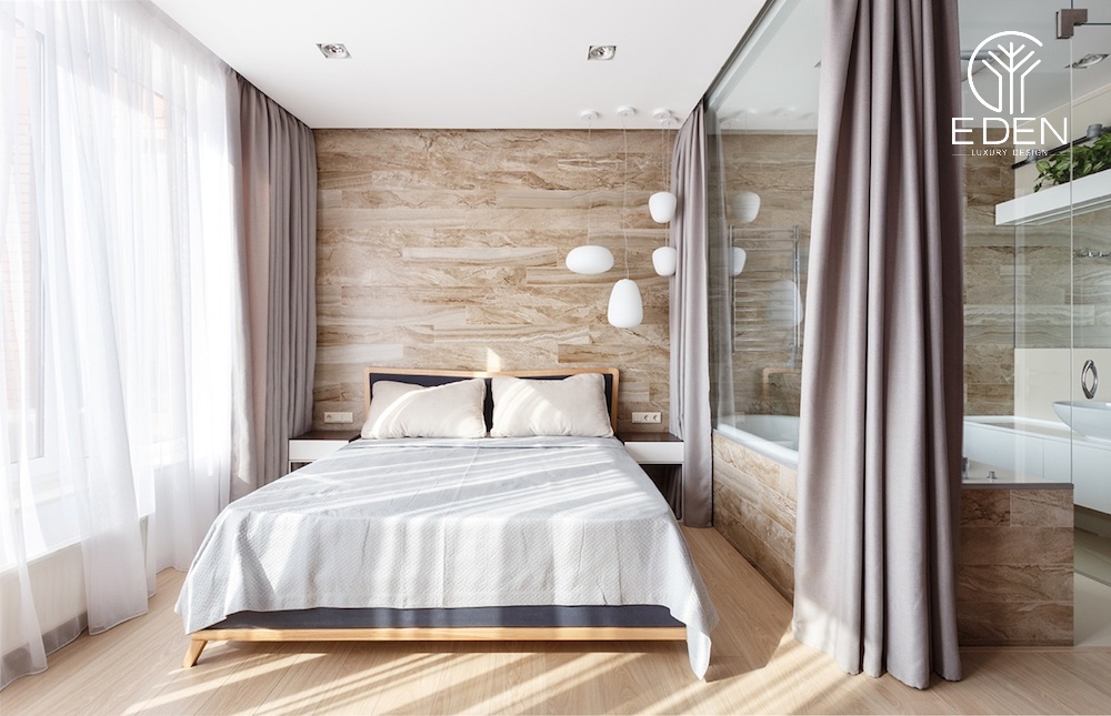 Phòng ngủ master với khu vực nhà vệ sinh phù hợp với tỉ lệ chung của căn phòng