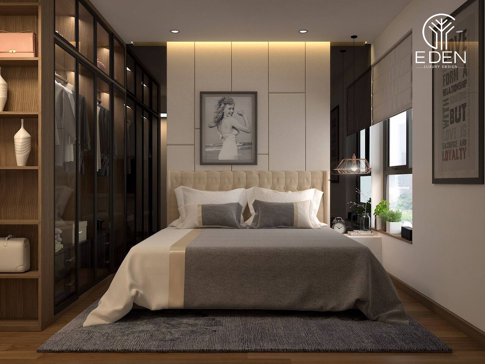 Thảm trải sàn có phần tương phản màu tường giúp phòng ngủ thêm sang trọng và độc đáo