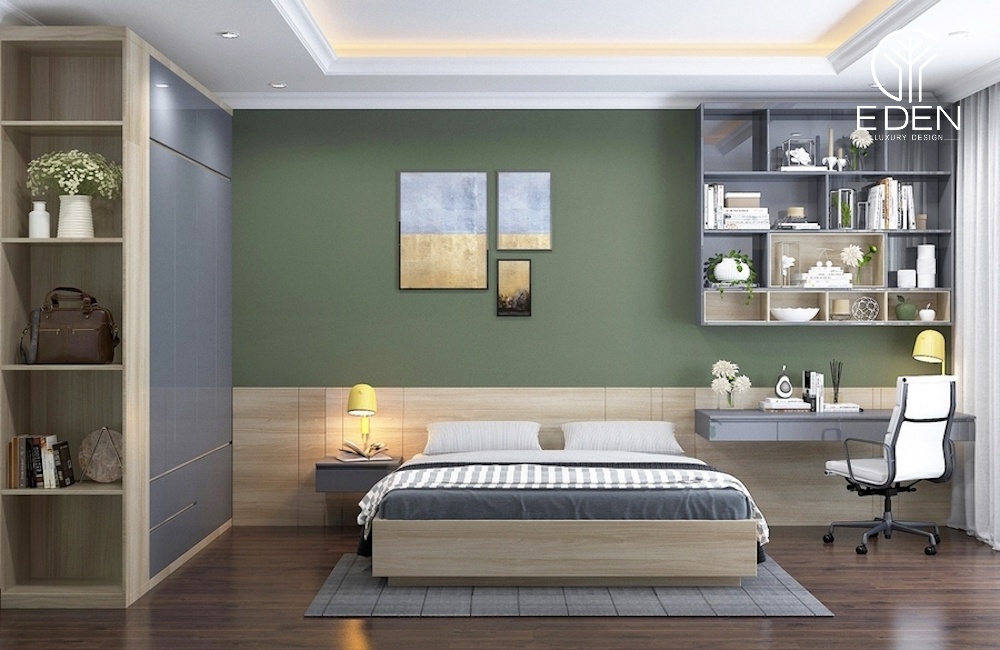 Các tone màu xanh rêu, ranh xám cũng trở nên phổ biến với thiết kế phòng ngủ 25m2