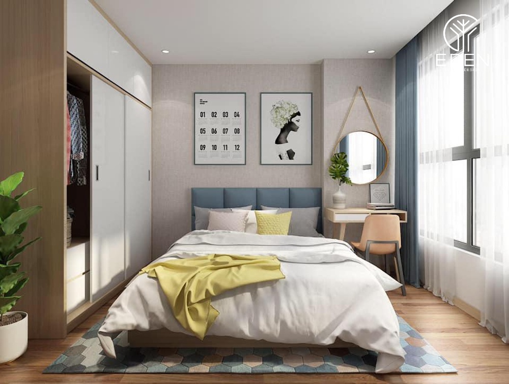 Phòng ngủ với tone màu hài hòa tạo điểm nhấn bằng tranh ảnh và cây xanh