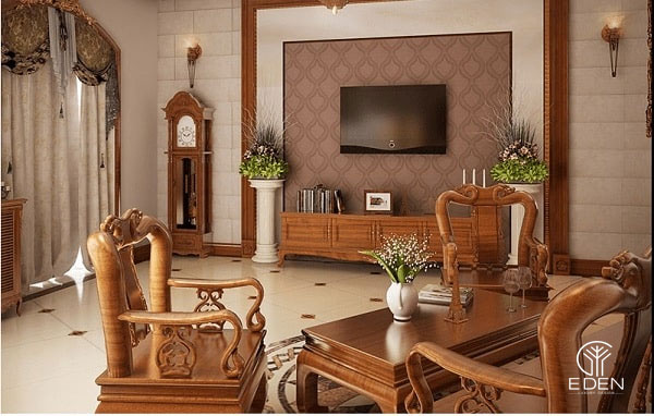 Thiết kế nội thất phòng khách bằng gỗ công nghiệp 